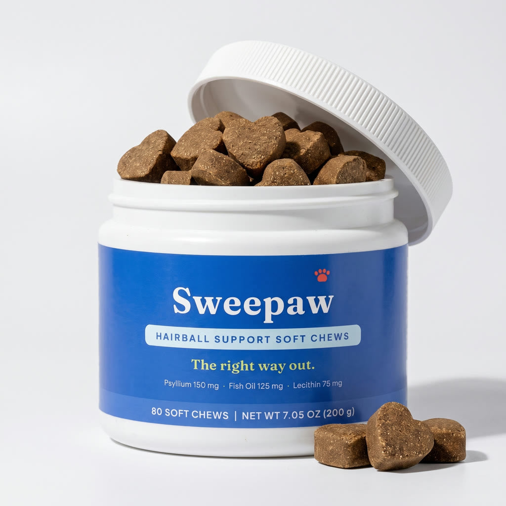 An open jar of Sweepaw hairball chews