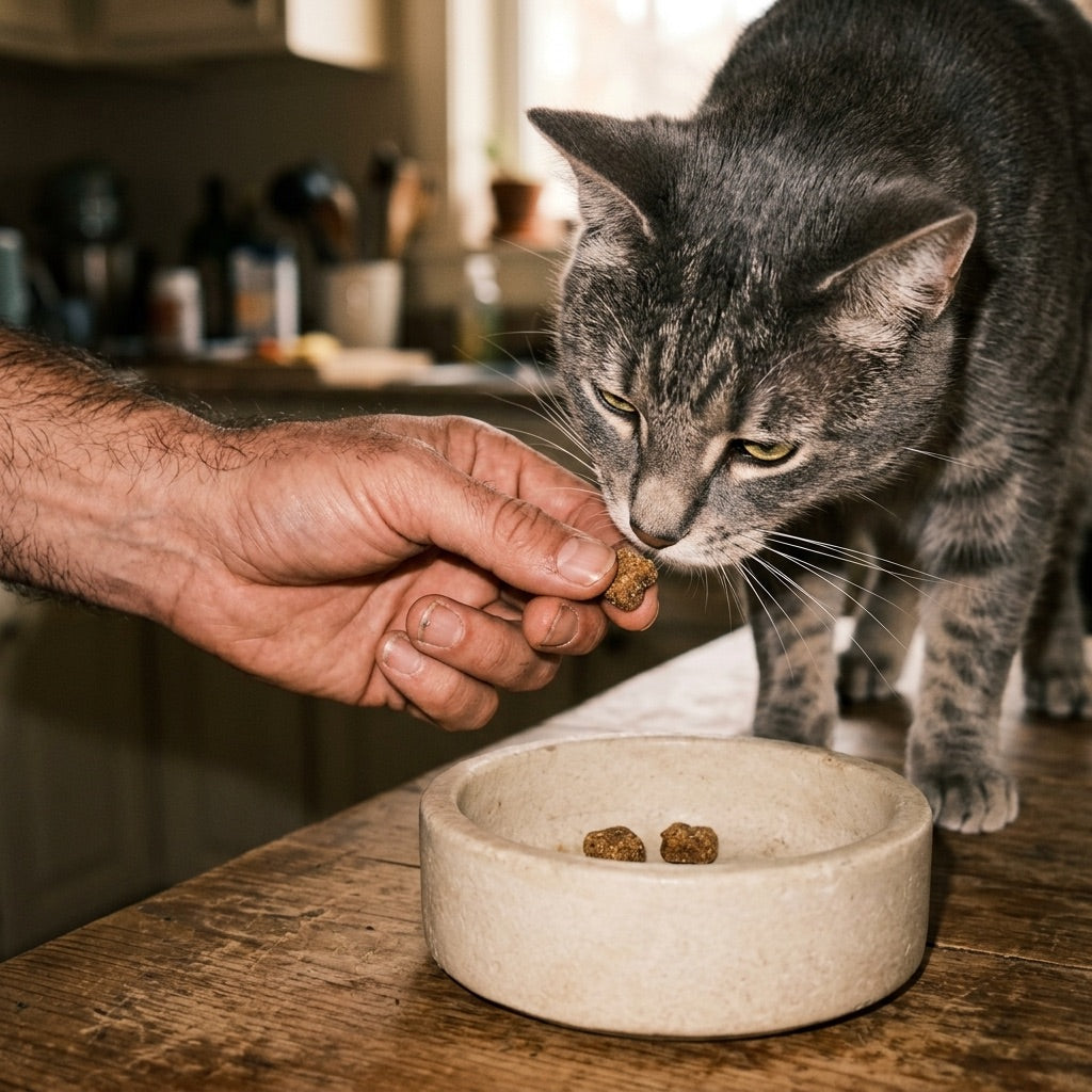 A cat eagerly accepting a chew