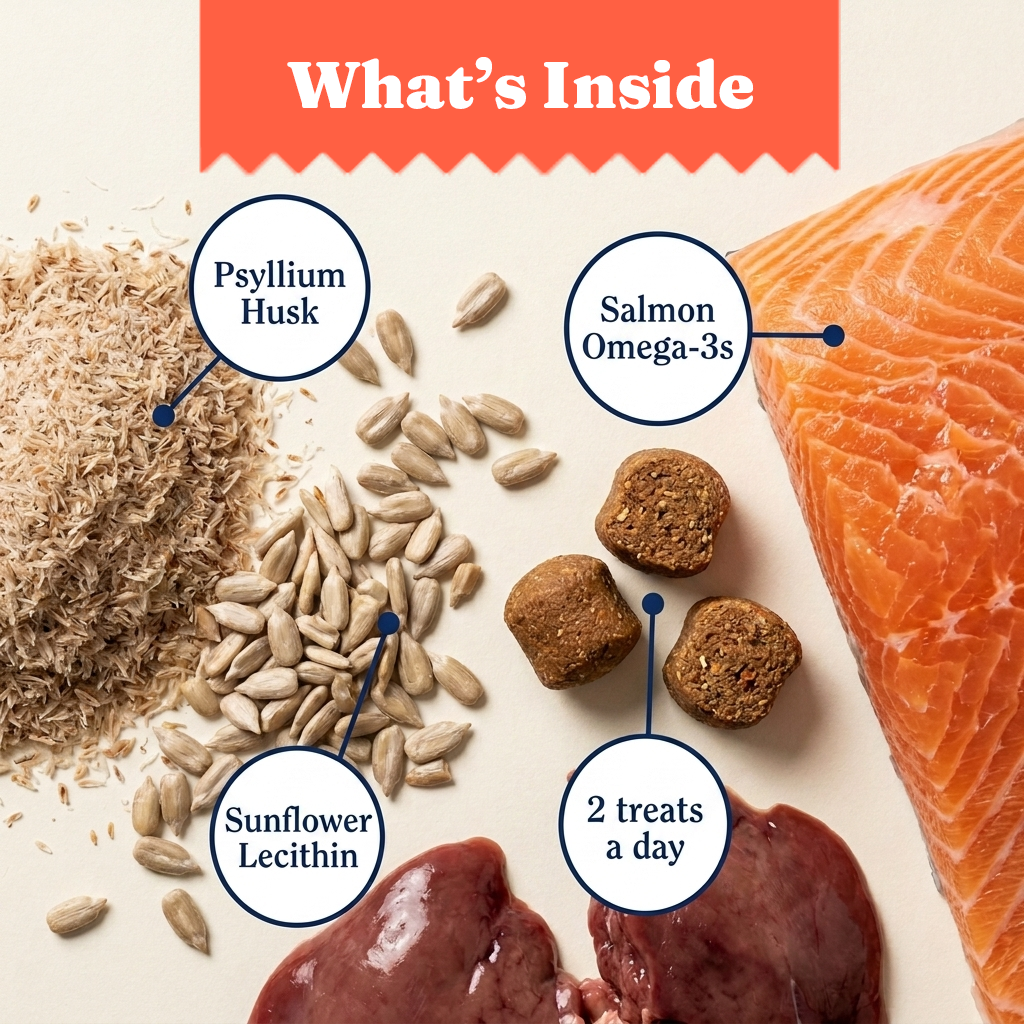 Sweepaw ingredients: psyllium husk, sunflower lecithin, salmon omega-3s and chicken liver