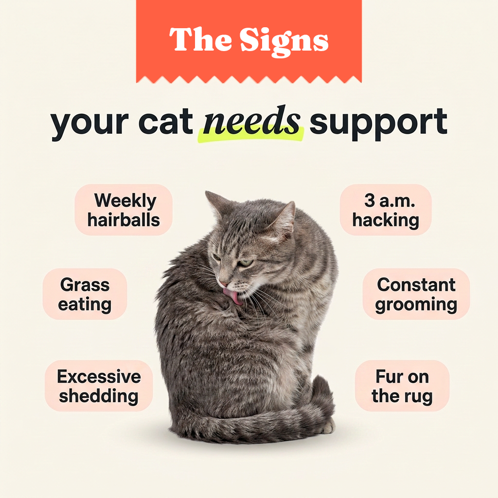 Signs a cat needs hairball support: weekly hairballs, 3 a.m. hacking, excessive shedding
