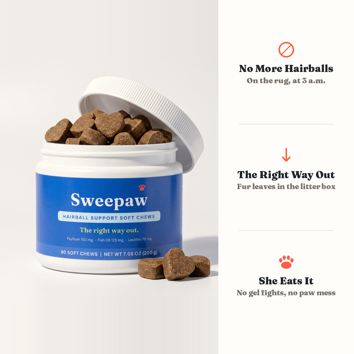 Sweepaw hairball support soft chews for cats, open jar with heart-shaped chews