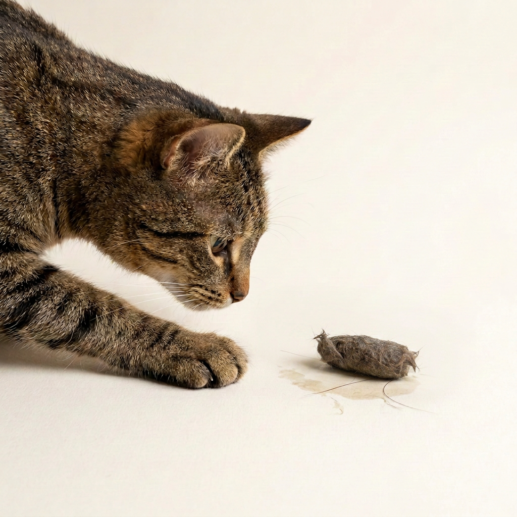 A cat looking at a hairball on the floor