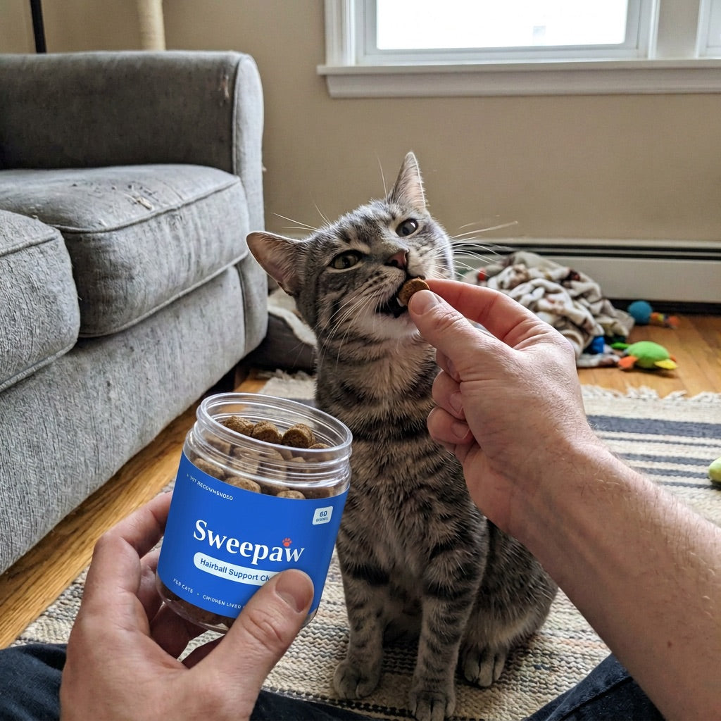 A cat taking a Sweepaw chew from a person's hand at home