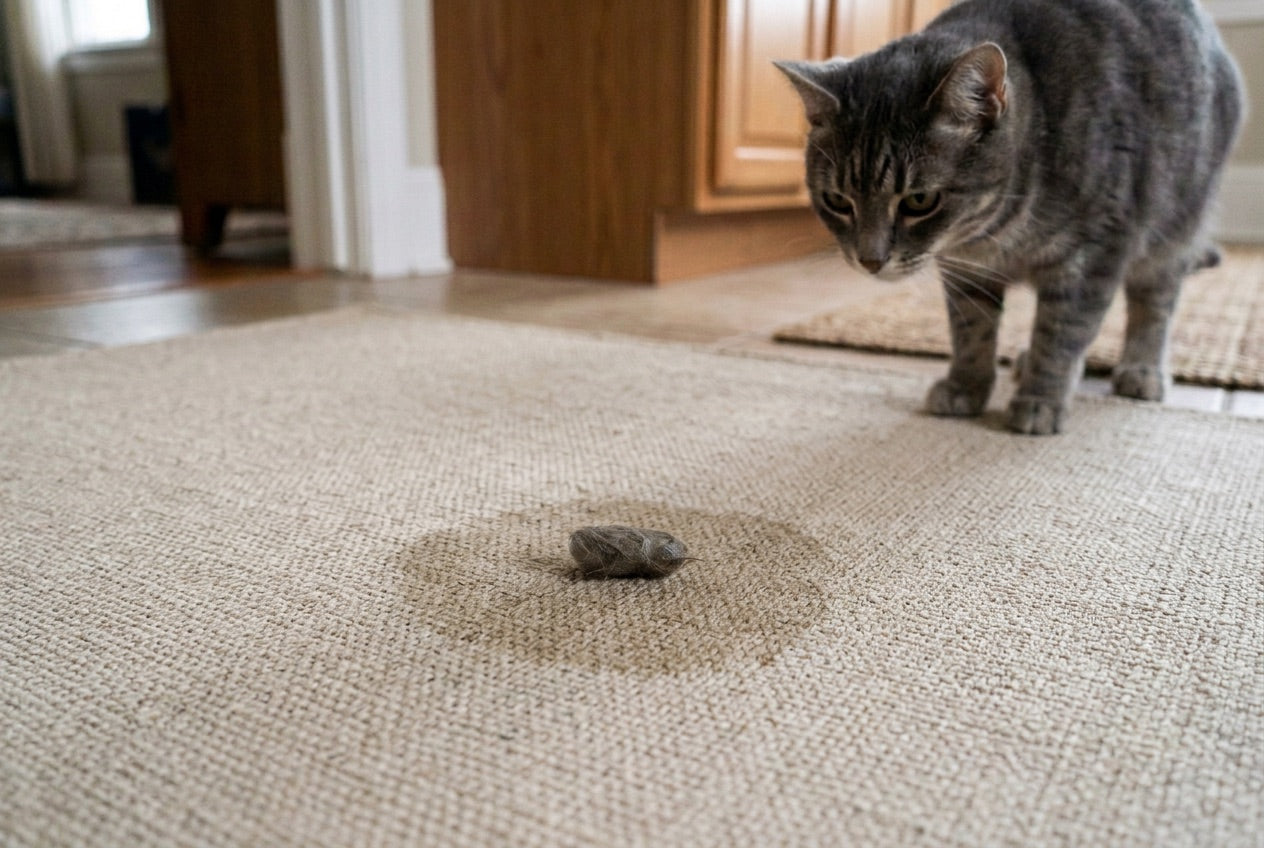 A small hairball on a rug with a damp stain around it, with a guilty-looking cat standing behind it