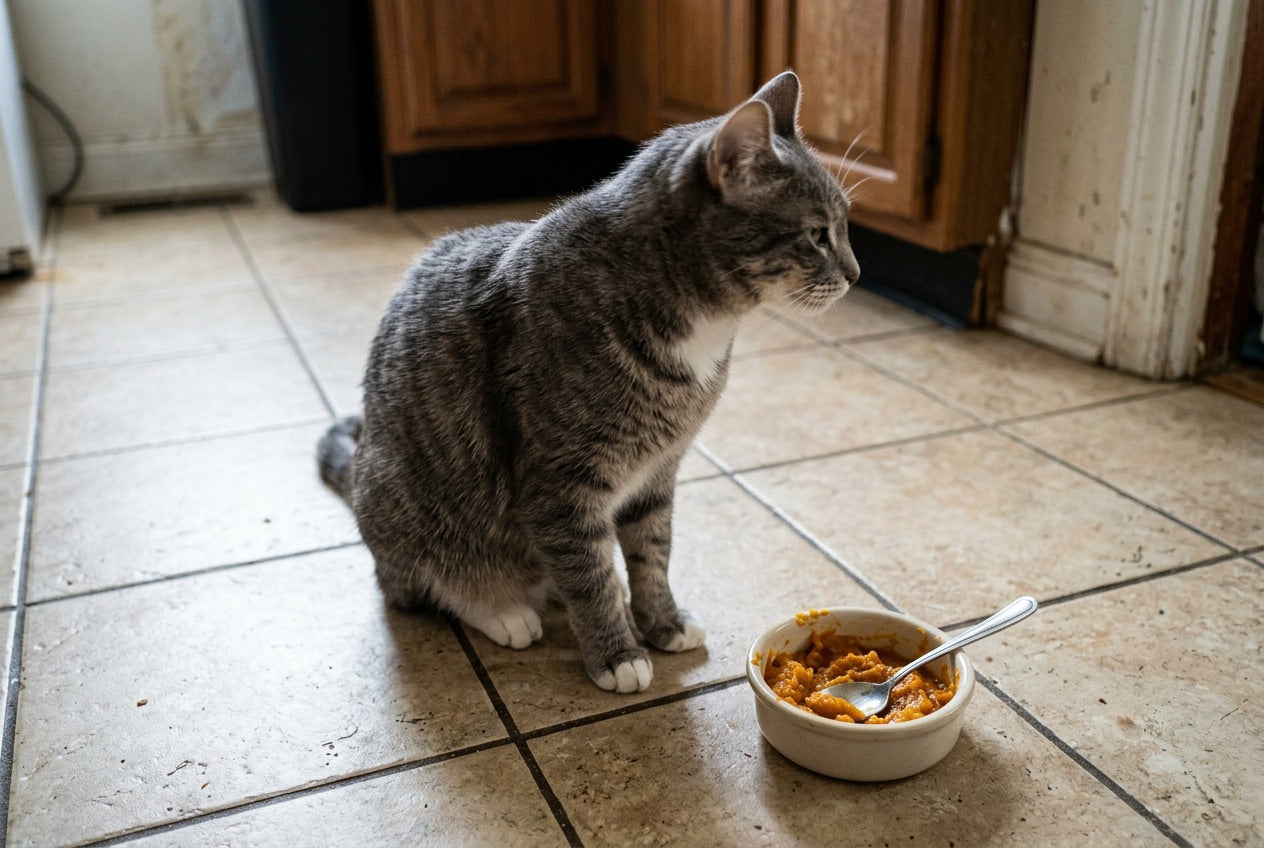 A cat turning its head away from a dish of pumpkin puree