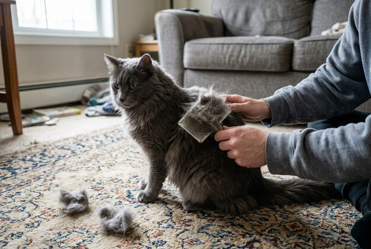 A slicker brush loaded with cat fur during a grooming session