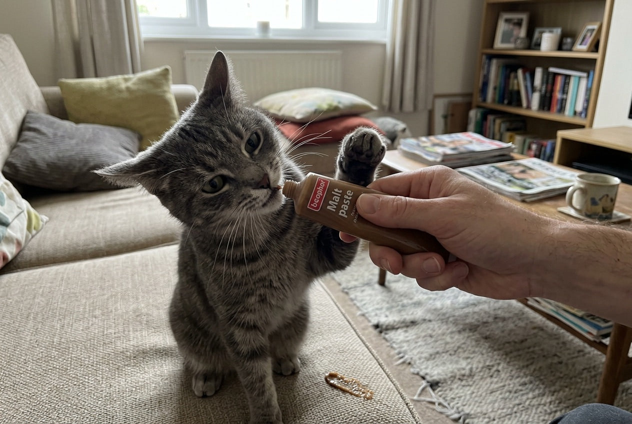 A cat reaching toward a tube of hairball gel paste