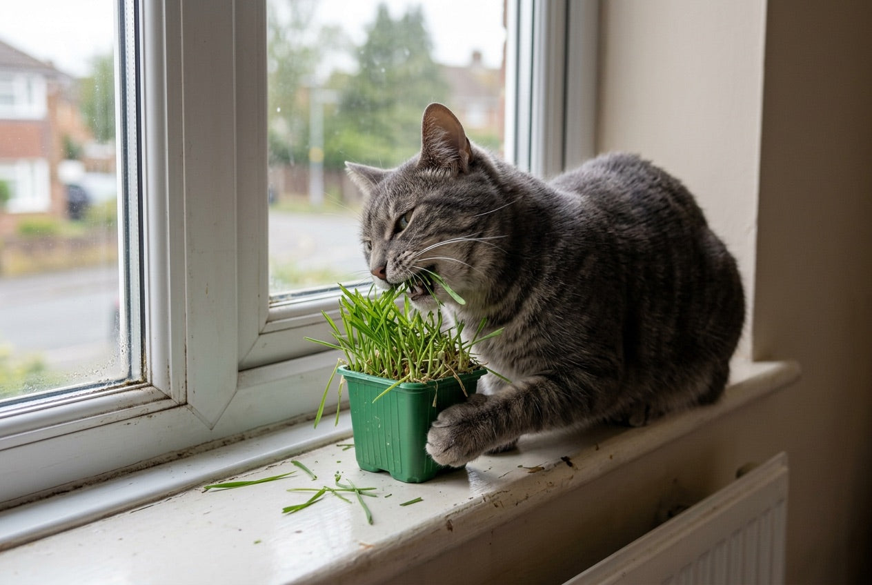 A cat chewing on a ragged pot of cat grass