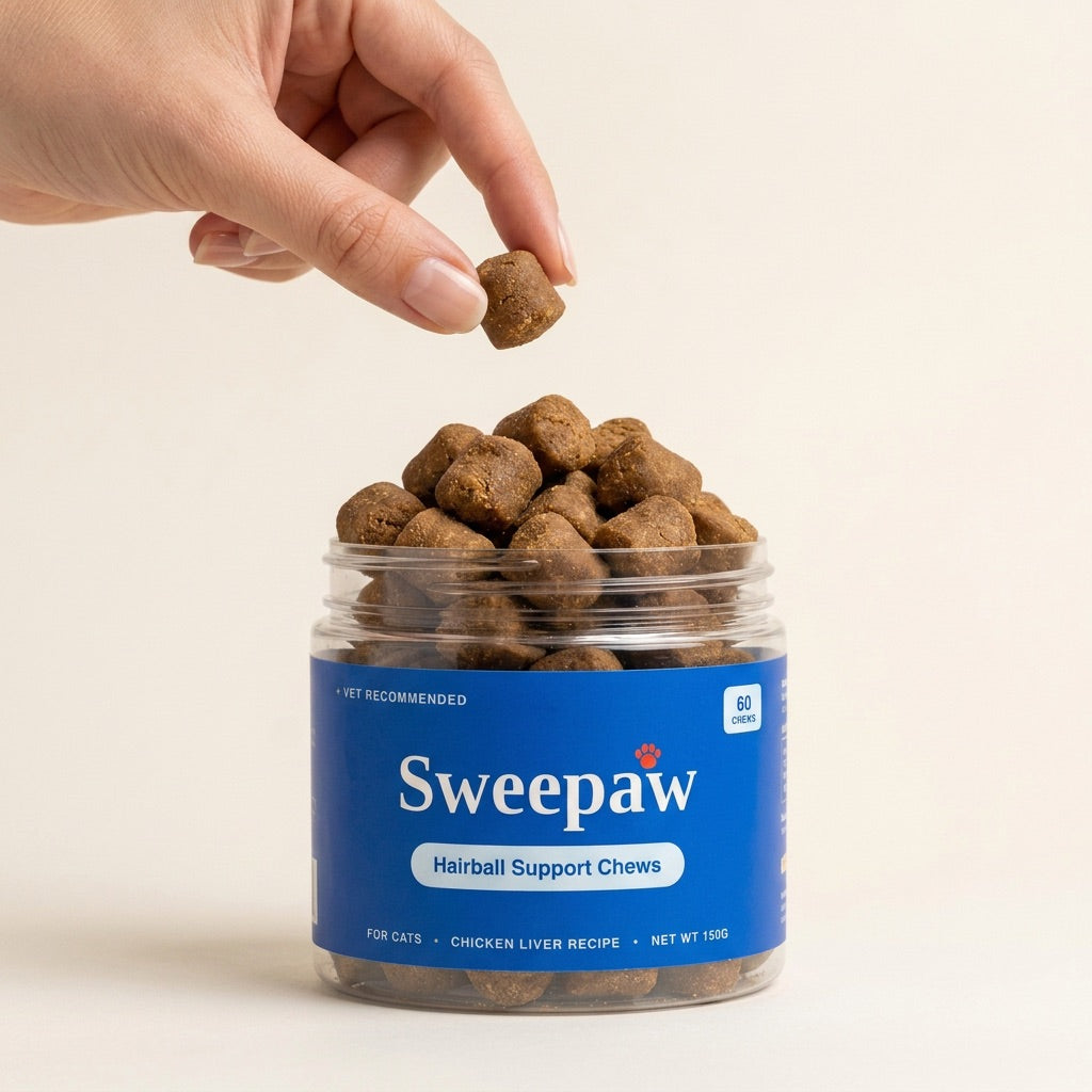 An open jar of Sweepaw hairball chews